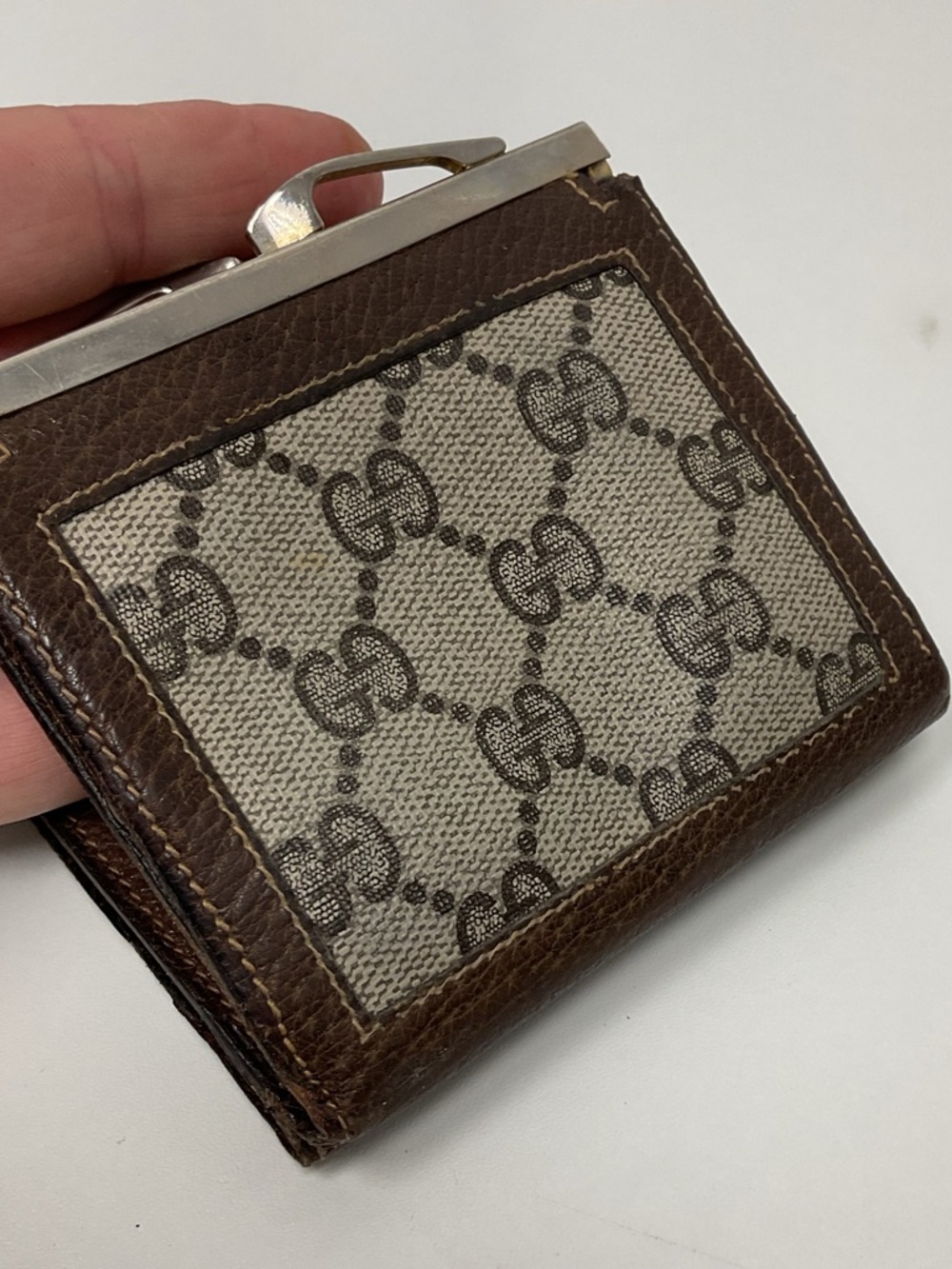 Gucci Vintage GG Supreme Wallet Brown Leather Trim Bifold Snap Coin Purse Italy - Picture 4 of 16
